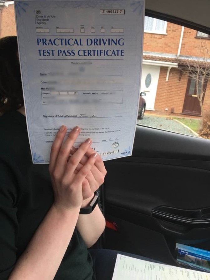 Congratulations to Stephanie Greaves (rather shy) who passed her Driving test at Burton this afternoon with 3 driver faults. Shall miss that cheeky smile and the fun we have had along the way. Good luck for the future Steph and stay safe on the roads ?